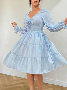 SHEIN Clasi Đầm chữ A xẻ eo cao cổ chữ V tay cánh dơi màu trơn cỡ lớn cho nữ - Màu xanh lam - Xem 4