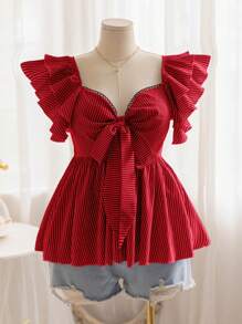 Soleia 大码女式荷叶边饰前系带蝴蝶结盖袖修身 A 字休闲条纹上衣，适合返校时穿着