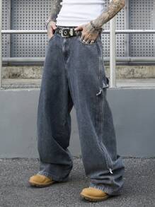 Manfinity EMRG Men's Blue-Gray Washed Denim Baggy Street Utility Pants, StreetEZ - Dusty Blue - View 4