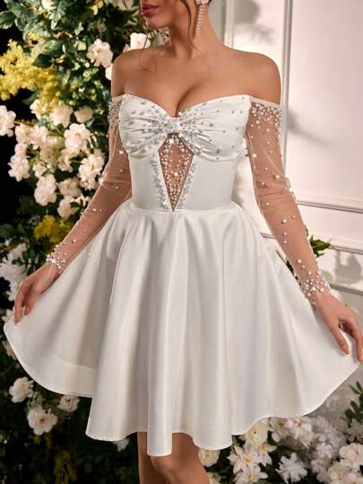 Lovelzi Vestido Elegante e Luxuoso de Cetim Franzido com Manga Longa Transparente e Design com Miçangas, Adequado para Casamento, Festa, Férias, Baile de Formatura, Presente de Noiva, Vestido de Noiva, Vestido de Chá de Panela, Noiva