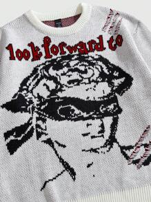 ROMWE MEN Street Life Herren Portrait Jacquard Strick Lässig Pullover, Langarm Rundhals - Aprikosenfarben - Übersicht 5