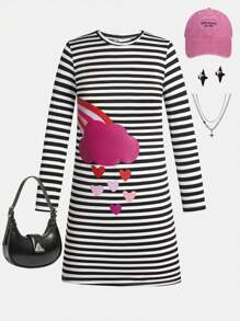 Vestido de manga larga cuello redondo para niñas preadolescentes con estampado de corazones, arcoíris y patrones climáticos a rayas, elegante y lindo, apropiado para la escuela, salir y todas las estaciones