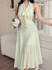 DAZY Women Mid-Calf High Neck Tied Pleated Mesh Solid Color Dress, Perfect For Date Night Prom Dress,Back To School Clothes - Beige - View 7