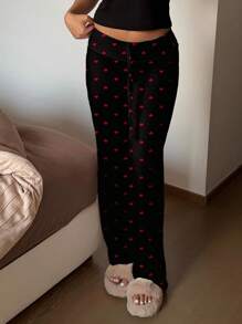 SHEIN EZwear Quần tập yoga Palazzo cạp thấp màu đen thiết kế hình trái tim có dây rút dùng ở nhà - màu đen - Xem 6