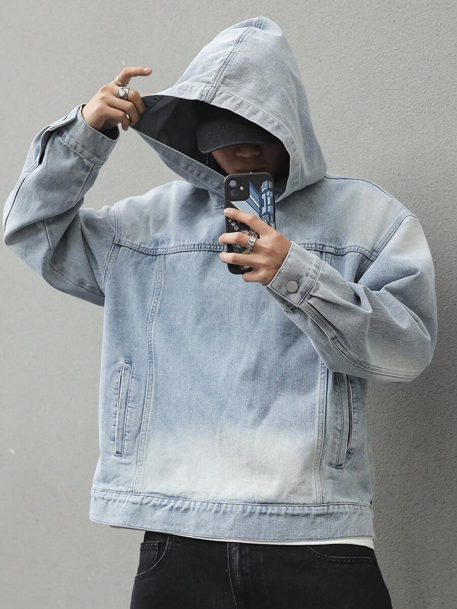 Manfinity EMRG Men's Light Blue Washed Denim Casual Loose Drop Shoulder Pullover Sweatshirt - Light Wash - View 1