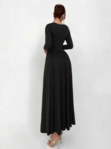 Aloruh 女士纯色长袖简约休闲长款针织连衣裙 - 黑色 - 查看 3