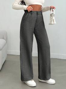 EURMUSE Women Solid Color High Waist Wide Leg Pants - Black and White - View 5