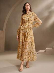 Anewsta Vestito da donna elegante per vacanze, appuntamenti romantici, festa, con colletto alto, maniche a lanterna, balze all'orlo, motivo floreale ditsy, abiti primaverili per donna