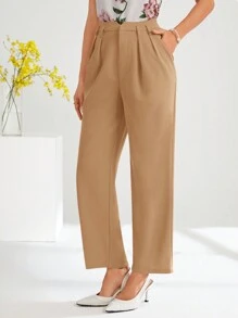 SHEIN Clasi Women's Solid Color Pocket Pleated Simple Casual Suit Pants In Fall/Winter - Camel - View 4