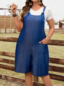 EMERY ROSE 大码女式牛仔印花双口袋宽松休闲连身裤 - 藍色 - 查看 1