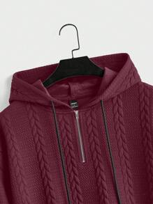 Manfinity Homme Men's Casual Solid Color Textured Drawstring Hooded Sweatshirt - Red - View 4