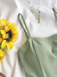 SHEIN Teen Girls' Green Textured Bubble Chiffon Layered Ruffled Cinched Waist Romper Jumpsuit, Leisure Holiday Style, Spring Summer - Green - View 6