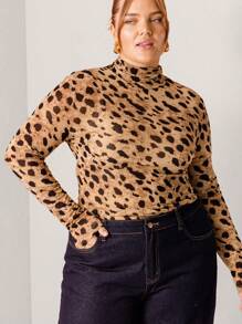 Aralina 曲线豹纹高领弹力网眼上衣 - 咖啡棕 - 查看 7