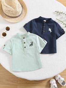 SHEIN Leap Crew 2pcs Baby Boy Cartoon Horse Pattern Knitted Soft Lapel Short Sleeve Half-Button Front Top Set - Multicolor - View 3