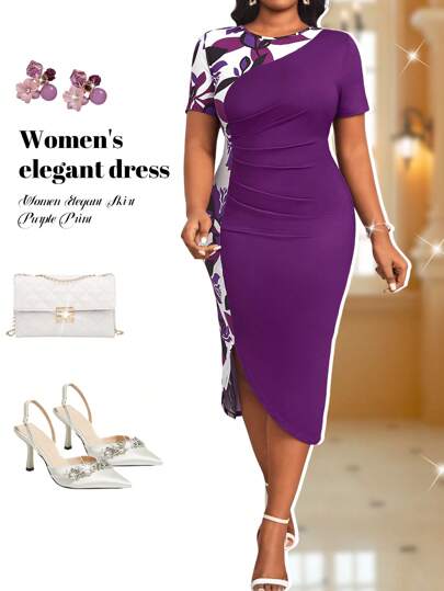 Fleurora Vestido ajustado ajustado de manga corta con cuello redondo, plisado y borde asimétrico, con estampado púrpura y costura de contraste, talla grande, para uso en todas las estaciones, especialmente en verano