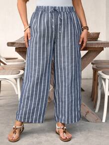 SHEIN LUNE Plus Size Women Linen Striped Elastic Waist Pants, Spring/Summer