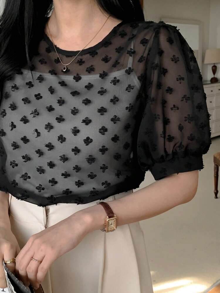 Plain Texture Mesh Puff Sleeve Round Neck Women Blouse