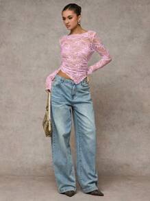 SHEIN BAE 女士纯色约会之夜/单身派对/鸡尾酒会/返校季/演唱会/锐舞派对/时尚街头出行/性感蕾丝圆领不对称下摆透视上衣/长袖蕾丝上衣/蕾丝长袖/性感上衣 - 淺粉色 - 查看 4