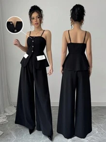 Rafferiza 2pcs Women's Resort Sexy Commuting Elegant Casual And Office Outfit Black And White Contrast Button Camisole And Wide Leg Pants Set