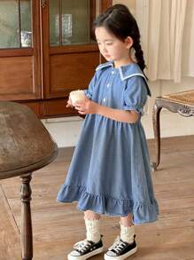 DAZY Young Girl Denim Pinafore Dress, Fall Outfit - Blue - View 2