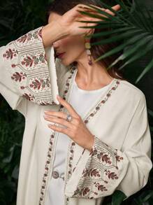 Al Najma Women's Elegant Conservative Arabic Abaya With Pattern, Modest Robe - Beige - View 1