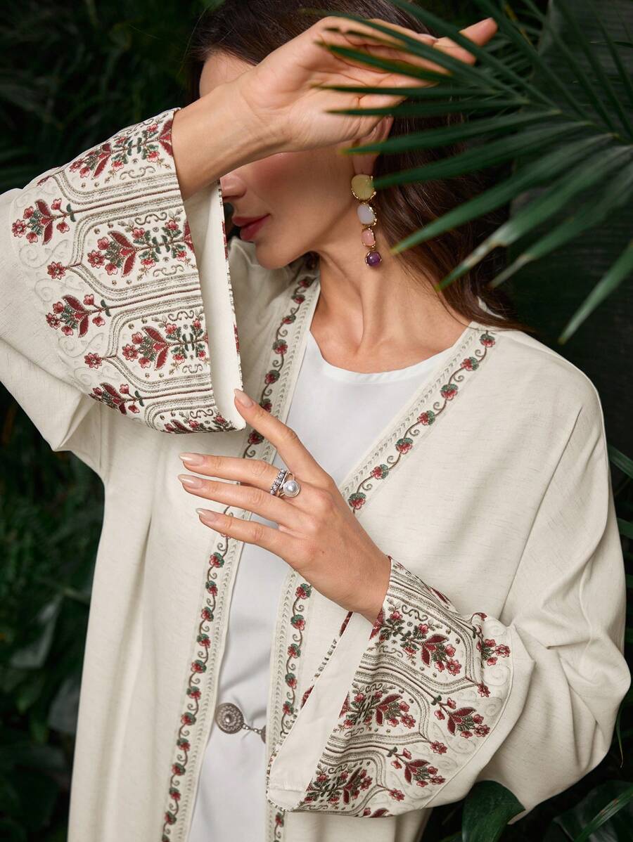 Al Najma Women's Elegant Conservative Arabic Abaya With Pattern, Modest Robe - Beige - View 1