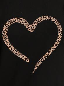 Flirla Plus Size Leopard Print Fleece Sweatshirt With Heart Decor For Valentine's Day Graduation,Back To School,Graduation,Teacher For Women,Back To School Pullover Fall Sweatshirt - Black - View 2