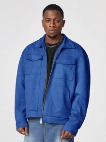 Manfinity VCAY Men's Solid Color Cargo Pocket Zip Front Long Sleeve Shacket, For Fall Winter - Navy Blue - View 3