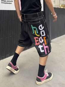 Manfinity Hypemode Men's Letter Print Pocket Loose Denim Shorts