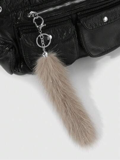 Grunge Punk 1pc Fashionable Vintage High-Quality Brown Glitter Faux Fur Animal Tail Keychain & Keyring, Versatile Accessory For Women, Ideal Gift