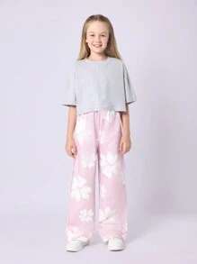SUMWON Conjunto coordenado para adolescentes, camiseta curta grande, perna larga, calça palazzo floral, roupa de dormir casual de duas peças, primavera-verão, traje de resort para férias