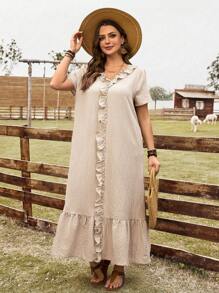 EMERY ROSE Plus Size Women Solid Color Ruffle Hem Short Sleeve Casual Dress,Western Wear Women Spring Outfits For Women Bridal Shower Dress White Vacation Country