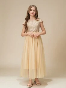 Tween Girl Lace & Mesh Patchwork Sleeveless Round Neck Elegant Party Dress, Flared A-Line Skirt, Suitable For Party, Valentine's Day, Wedding, Flower Girl & Bridesmaid