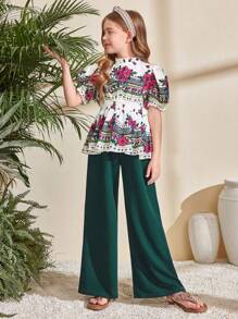 SHEIN Leap Crew Tween Girl Retro Floral Print Puff Sleeve Shirt With Ruffle Hem & Wide Leg Pants 2 Pieces Set - Dark Green - View 6