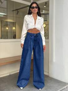 EURMUSE 100% Cotton HIGH WAIST WIDE LEG VINTAGE  JEAN - Medium Wash - View 6