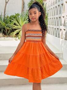 SLAYR KIDS Tween Girls Vacation Casual Fashion Patchwork Cami Dress - Orange - View 1