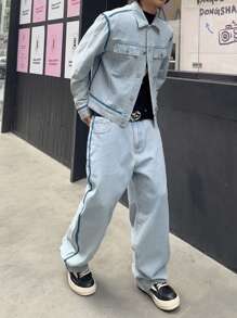 Manfinity EMRG Men's Casual Distressed Contrast Trim Denim Jacket And Pants Suit Set - Blue - View 6