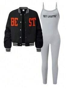 SHEIN Explorewe 2pcs/Set Tween Girls Front Button Closure Long Sleeve Top & Jumpsuit Set - Black - View 4