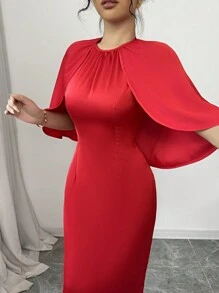 Elenzga Đầm dài cổ tròn 2 trong 1 màu đỏ thanh lịch, thích hợp cho ngày lễ tình nhân - Đỏ - Xem 8