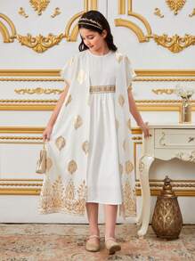 Tween Girls Ramadan Gold Leaf Long Cardigan & White Belted Dress, Traditional Middle Eastern 2 Pieces Outfit - Beige - View 5