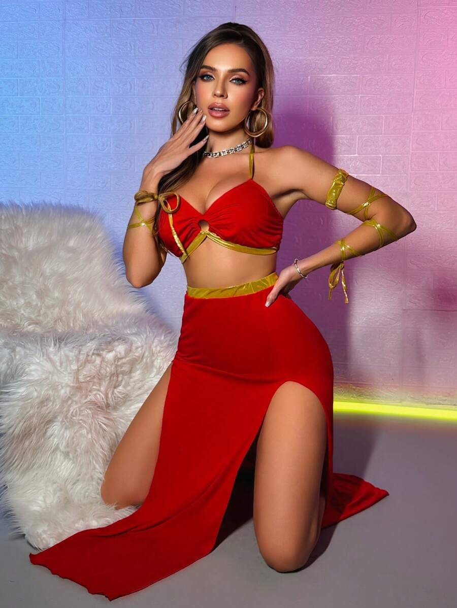 Spicy Aura 4 件套异国风情公主角色扮演彩色肩带装饰女式服装 - 紅色 - 查看 1