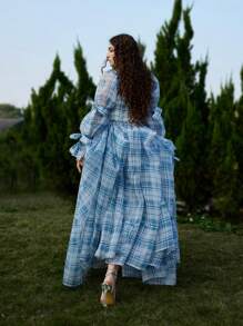 SHEIN MOD Women's Plaid Square Neck Lotus Leaf Sleeve Elegant Dress,Bow,Valentines Clothes,Summer Vacation,Spring/Summer,Brunch,Valentine Day,Beach Outfits For Woman,Valentine Day Outfit Women,Cruise Outfits Women Sexy,Easter,Western Wear Women,Gothic Women Clothes,2000s Style,Carnival,Wedding Guest Dress Women - Blue and White - View 3