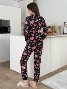 RueChic 2pcs Suede Button Front With Contrast Colour Slogan&Heart Printed Homewear Set - Black - View 2