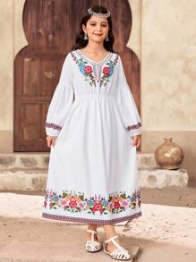 SHEIN Tween-Mädchen Lässig Blume Muster V-Ausschnitt Puff Langarm Smock Taille Schwung Gewebe Kleid für Urlaub - Weiss - Übersicht 4