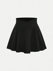 SHEIN Tween Girl Casual Sports High Elasticity Comfortable Criss-Cross Waist Ruffle Hem Skort With Phone Pocket, Black, Spring/Summer - Black - View 8