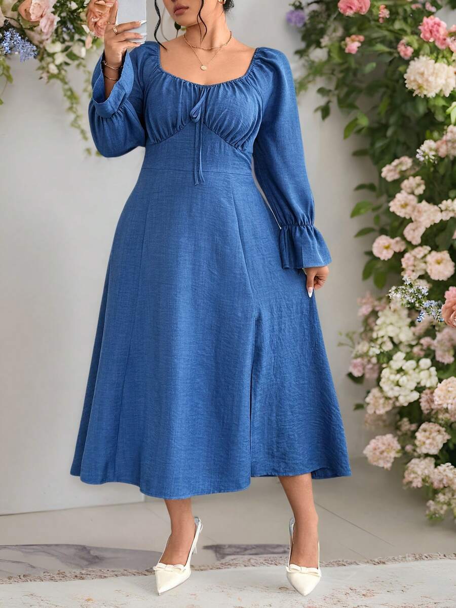 SHEIN Clasi 大码女式褶皱方领合身腰部长袖泡泡袖下摆开衩优雅设计中长连衣裙，非牛仔布，蓝色 - 藍色 - 查看 1