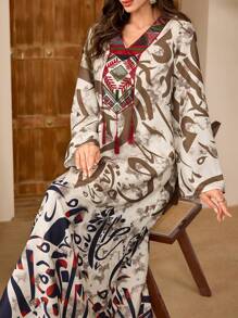 Al Najma Women Embroidered Patchwork Fringe Trim Long Sleeve Arabic Style Dress, Kaftan & Jalabiya - Multicolor - View 1