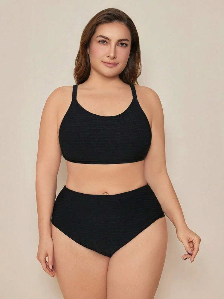 SHEIN Swim 大码夏季海滩纯色纹理面料可调节肩带扣泳装套装，休闲简约 - 黑色 - 查看 3