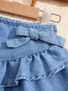 SHEIN 年轻女孩可爱蓝色牛仔分层荷叶边下摆裙，女童春夏休闲度假乡村波西米亚风服装，女童沙滩装 - 中等水洗藍 - 查看 6