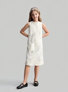 Maija Kids 少女刺绣修身无袖优雅吊带背心，百搭休闲/派对/校服 A 字直筒连衣裙，春夏 - 杏色 - 查看 3